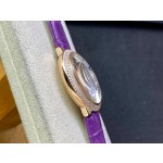 Cartier Ballon Bleu, 36mm, silver dial with diamond-set bezel, purple leather strap, mechanical watch for women.