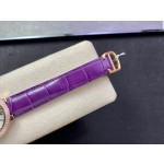 Cartier Ballon Bleu, 36mm, silver dial with diamond-set bezel, purple leather strap, mechanical watch for women.