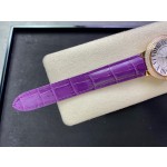 Cartier Ballon Bleu, 36mm, silver dial with diamond-set bezel, purple leather strap, mechanical watch for women.