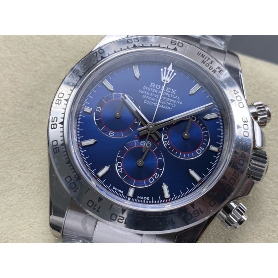 Rolex Daytona series, blue dial, silver bezel, silver case, 40mm, silver Oyster bracelet.
