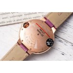 Cartier Ballon Bleu, silver dial with diamonds, 33mm, purple alligator leather strap, mechanical women's watch.