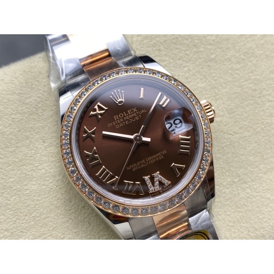 Datejust series, 31mm brown dial with diamonds, rose gold two-tone strap