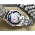 Datejust series, 31mm with purple dial and diamond setting, silver strap.