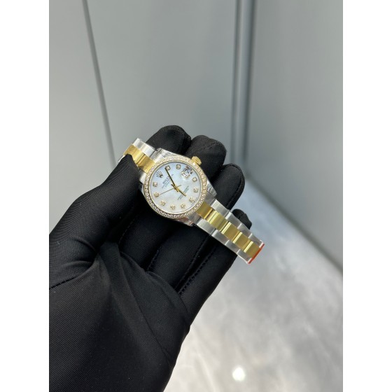 Datejust series, 31mm mother-of-pearl dial with diamonds, two-tone gold and silver strap.