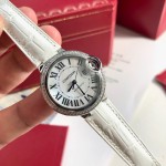 Cartier Ballon Bleu series, white dial, 33mm, women's watch, white leather strap, mechanical.
