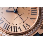 Cartier Ballon Bleu series, rose gold dial, diamond-set bezel, 33mm, ladies' watch, grey-blue leather strap, mechanical movement.