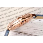 Cartier Ballon Bleu series, rose gold dial, diamond-set bezel, 33mm, ladies' watch, grey-blue leather strap, mechanical movement.