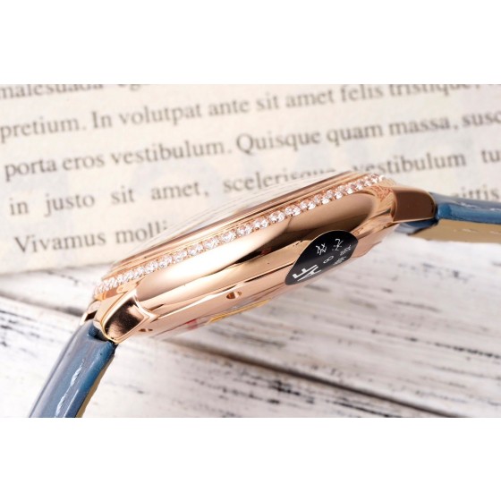 Cartier Ballon Bleu series, rose gold dial, diamond-set bezel, 33mm, ladies' watch, grey-blue leather strap, mechanical movement.