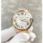 Cartier Ballon Bleu series, 42mm men's watch with silver dial, gold and silver two-tone strap, mechanical movement.