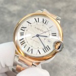 Cartier Ballon Bleu series, 42mm men's watch with silver dial, gold and silver two-tone strap, mechanical movement.
