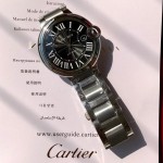 Cartier Ballon Bleu series, black dial, 42mm men's watch, silver strap, mechanical.