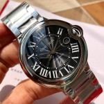 Cartier Ballon Bleu series, black dial, 42mm men's watch, silver strap, mechanical.