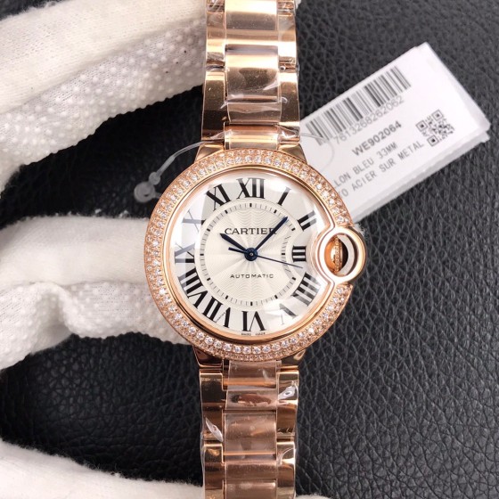 Cartier Ballon Bleu series, 33mm silver dial with diamonds, rose gold strap, mechanical ladies' watch.