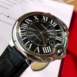 Cartier Ballon Bleu series, 42mm black dial, black leather strap, mechanical men's watch.