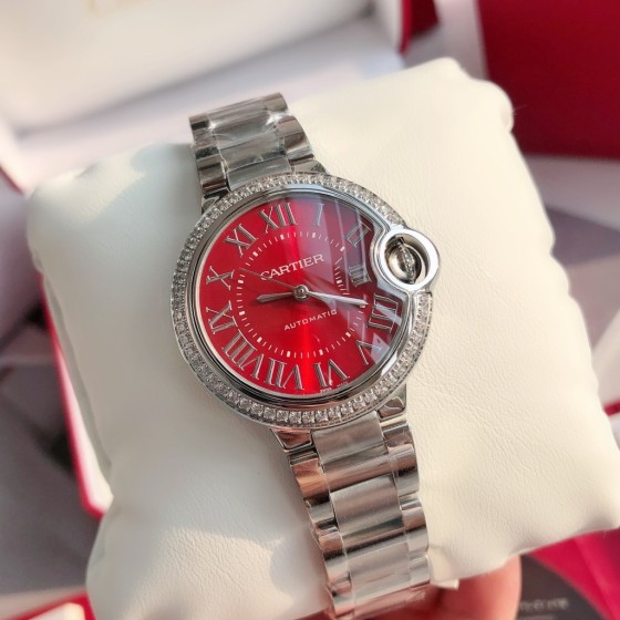 Cartier Ballon Bleu series, red dial with diamonds, 33mm, silver strap, mechanical women's watch.