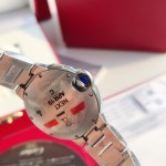 Cartier Ballon Bleu series, red dial with diamonds, 33mm, silver strap, mechanical women's watch.