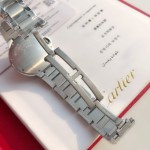 Cartier Ballon Bleu series, red dial with diamonds, 33mm, silver strap, mechanical women's watch.