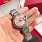 Cartier Ballon Bleu series, pink dial with diamonds, 33mm, silver strap, mechanical women's watch.