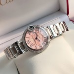 Cartier Ballon Bleu series, pink dial with diamonds, 33mm, silver strap, mechanical women's watch.