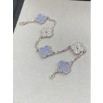 Four-leaf clover purple chalcedony and silver diamond beaded bracelet