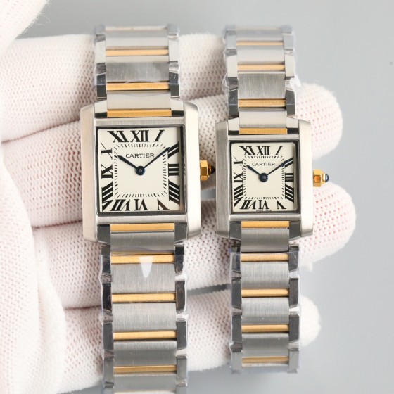Cartier Tank series, silver bezel, two-tone gold and silver bracelet.