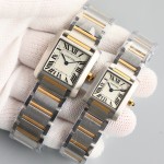 Cartier Tank series, silver bezel, two-tone gold and silver bracelet.